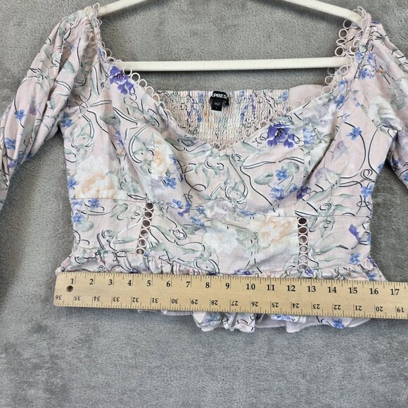 Express Blouse Womens Large Pink Floral Peplum Smocked Sweetheart Linen Blend - Picture 6 of 9